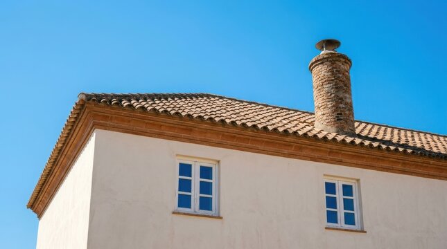 Beige stucco building with terracotta roof tiles and windows