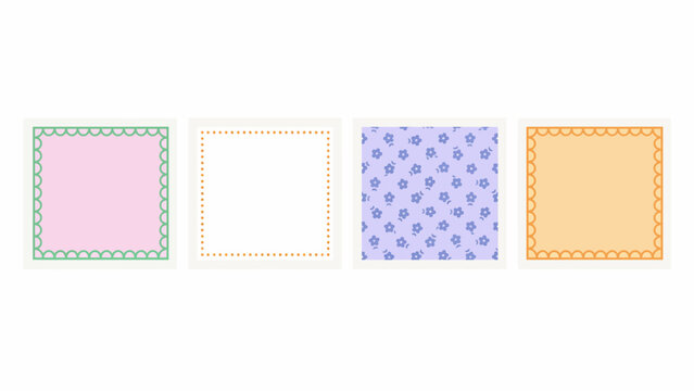 Four square frames with decorative borders and patterned fills are displayed on a white background floral pastel vector