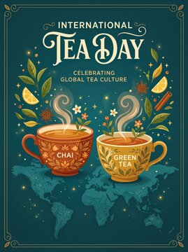 International tea day poster with two steaming cups labeled chai and green tea over world map decorated with citrus cinnamon and floral motifs celebrating global tea culture