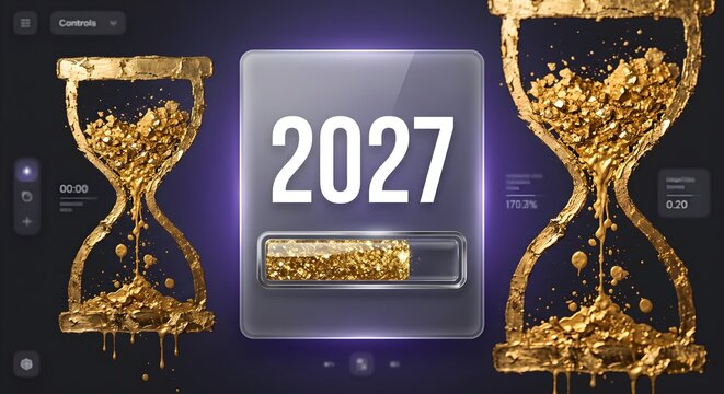 Futuristic UI Control Interface Layout with Two Melting Gold Liquid Hourglasses and Central 2027 Card