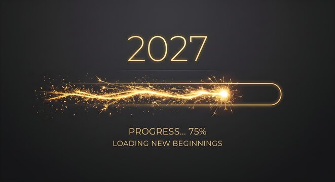 Sleek Dark Minimalist 2027 Loading Concept with Glowing Sparkler Progress Bar and New Beginnings Typography
