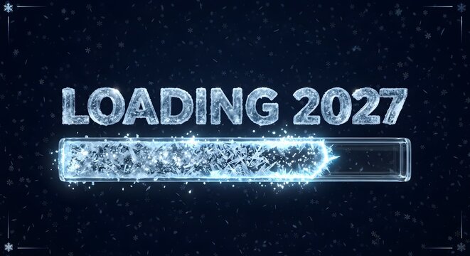 Deep Space Starry Night Crystalline Ice Loading 2027 with Glowing Frost Progress Bar and Particles