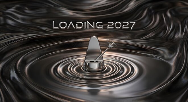 Liquid Dark Metallic Surface with Metronome and Ripples Featuring LOADING 2027 Typography