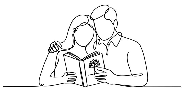Continuous line drawing of couple reading book with tree on page, symbolizing shared knowledge and growth in a minimalist art style.