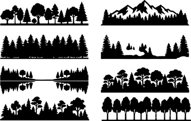 Fototapeta premium Web Set of black forest tree silhouettes and mountain landscapes vector illustration with tree silhouette mountain landscape pine trees