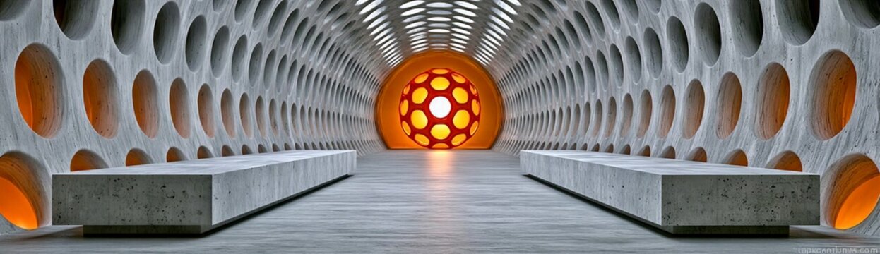 Futuristic Concrete Tunnel Interior With Glowing Orange Energy Sphere and Seating Banner