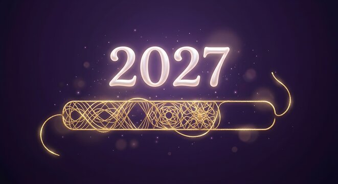 Luxurious Dark Purple Background with Glowing Gold String-Art Geometric 2027 and Decorative Progress Line