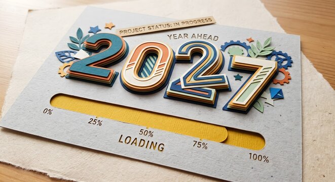 Layered Papercraft 2027 Project Status Loading Concept with Percentage Progress Bar and Decorative Elements