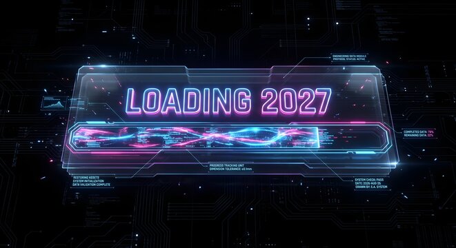 Futuristic Cyberpunk HUD Control Panel Interface with Neon LOADING 2027 and Digital Data Streams