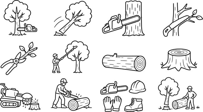 Lumberjack and tree service line icons, 12 forestry and wood cutting vector symbols, professional arborist equipment set