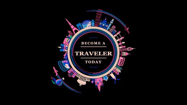 Travel landmarks globe animation with rotating world monuments and text on black background.