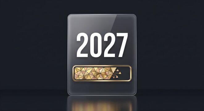 Sleek Dark Glass Card with 2027 Typography and Geometric Triangular Golden Progress Bar Graphic