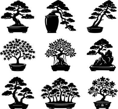 Set of black silhouette bonsai trees in pots vector illustrations with bonsai tree japanese plant nature icon asian garden botanical art