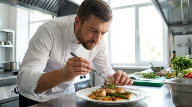 Focused Chef Garnishing Gourmet Dish in Professional Kitchen