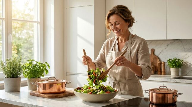Joyful Woman Preparing Fresh Organic Salad in Modern Sunlit Kitchen