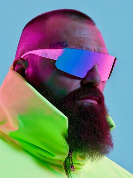 Bald Bearded Man Neon Pink Sunglasses Lime Puffer Jacket Fashion Portrait