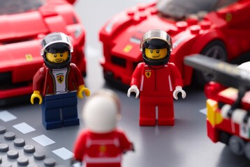 Naklejka premium Tambov, Russian Federation - July 12, 2026 Lego Ferrari racing driver minifigures standing on a road baseplate with Ferrari sports cars in the background. Lego Speed Champions.