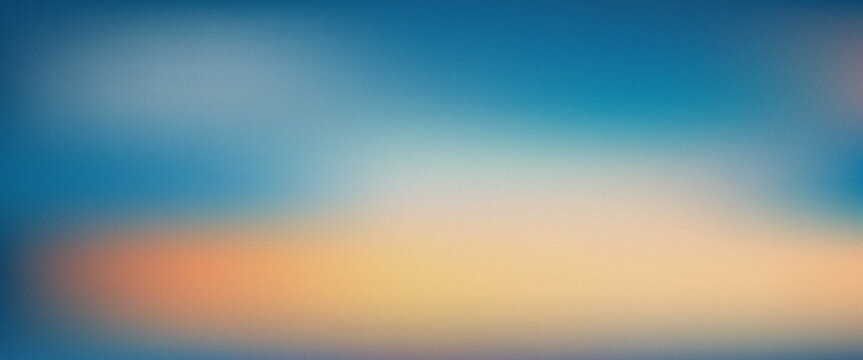 Soft blue and orange sunset horizon gradient on grainy textured background, warm sky blur noise texture, abstract wallpaper banner header poster cover backdrop design