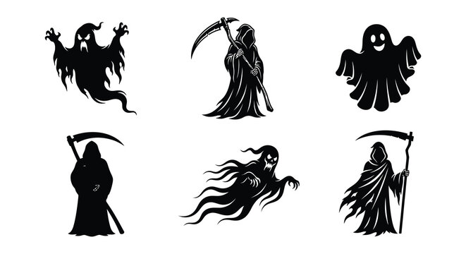 Black vector silhouettes of grim reapers and ghostly figures