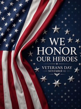 Vertical veterans day composition with draped american flag and scattered metallic stars over navy background, bold message honoring heroes and service