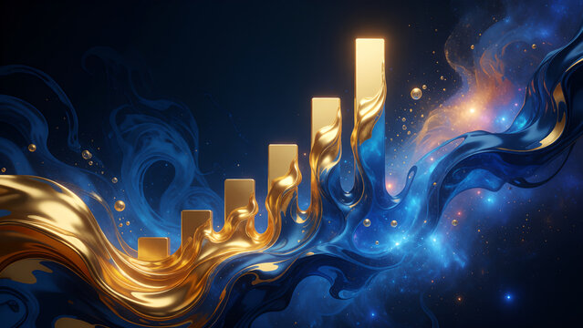 Abstract financial growth chart with flowing gold and blue liquid waves.