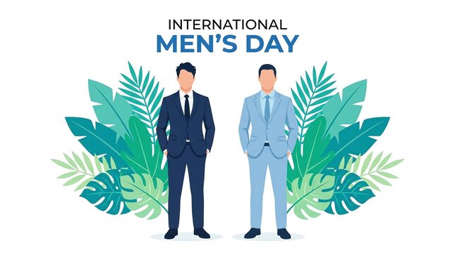 International Men's Day Greeting Card with Stylish Men in Suits and Tropical Leaves