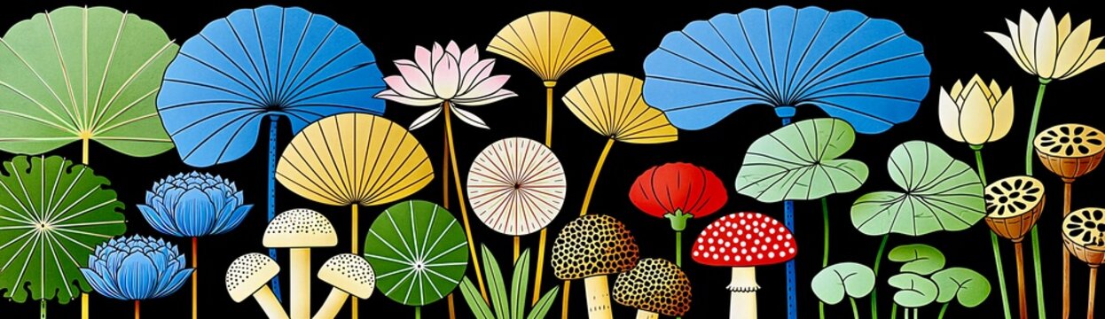 Colorful Lotus Leaves Flowers and Mushrooms Botanical Illustration Banner on Black