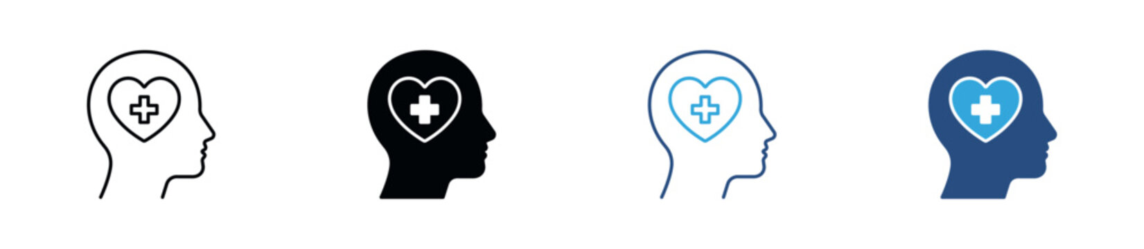 Mental Health Icon Set. Psychological Wellness, Human Head, Heart, Medical Cross and Emotional Care UI Symbols. Vector Illustration