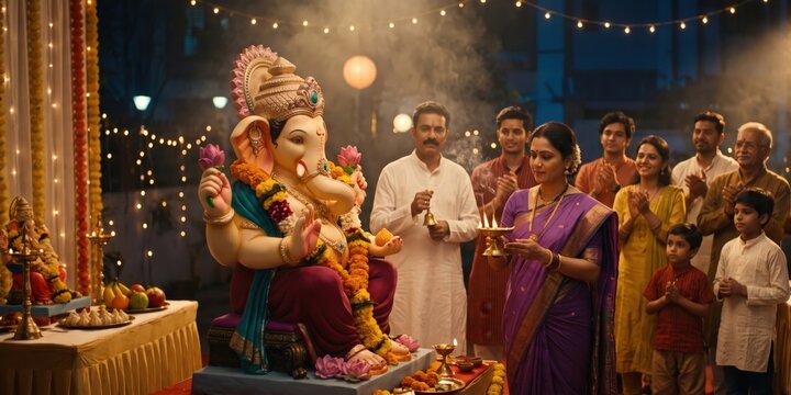 Ganesh Chaturthi Evening Ritual &ndash; Complete Aarti and Prasad Ceremony at Pandal.