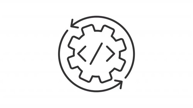 Continuous integration outline animation. Cogwheel with symbols and arrows animated icon. Software development practice. Merge code changes. Flat line motion graphic loop on transparent white