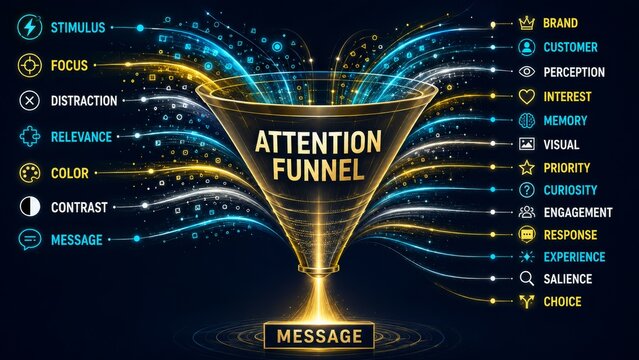 Attention Funnel Concept with Focus, Relevance, Visual Priority, Engagement, Memory, Customer and Marketing Message