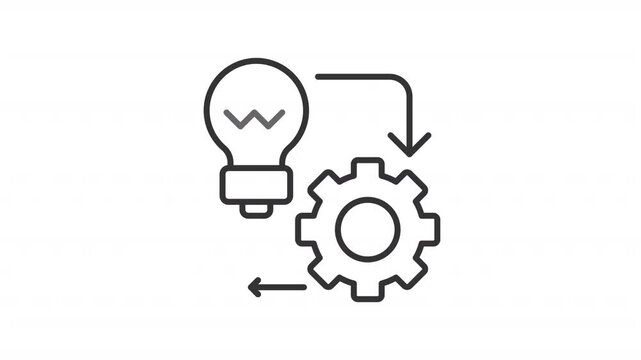 Implementation outline animation. Innovation animated icon. From idea to realization. Lightbulb connected to gear. Continuous process. Flat line motion graphic loop on transparent white