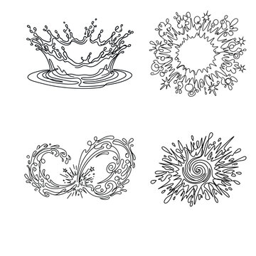 Comic cartoon line splash set vector one line art design editable new 2026 Abstract water splash and wave decorative patterns in black and white isolated on transparent background, isolated on white b