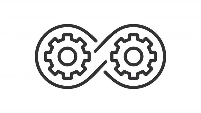 Devops outline animation. Intersected cogwheels animated icon. Workflow integration efficiency. Development and operations in coding. Flat line motion graphic loop on transparent white