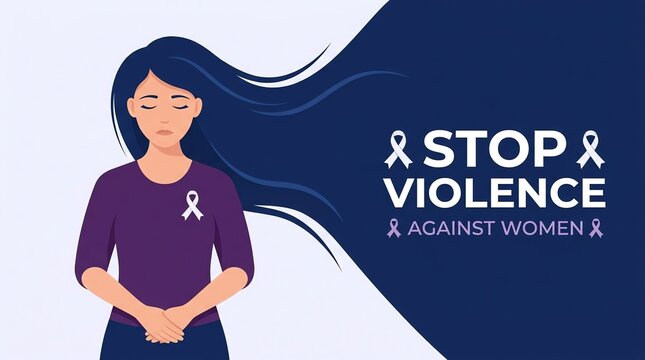 Stop Violence Against Women Awareness Concept with Sad Woman and Purple Ribbon