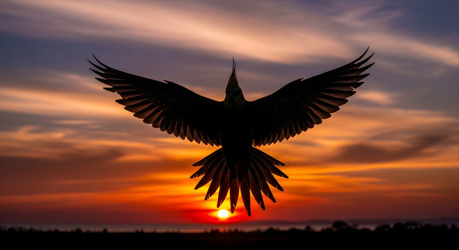 Silhouette of a bird flying with spread wings against a colorful sunset