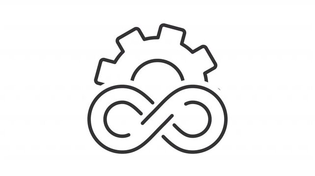 Devops infinity outline animation. Gear with eternity sign animated icon. Continuous never ending cycle of software development. Project management. Flat line motion graphic loop on transparent white