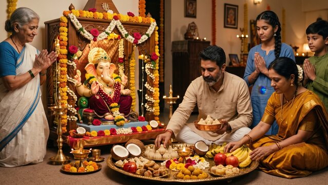 Ganesh Puja Offering &ndash; Indian Family Presenting Modaks and Fruits to Ganesha.