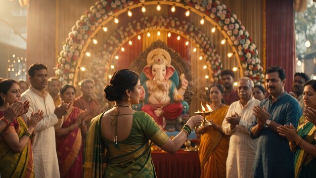 Ganesh Pandal Aarti &ndash; Indian Devotees Celebrating Together at Community Festival.