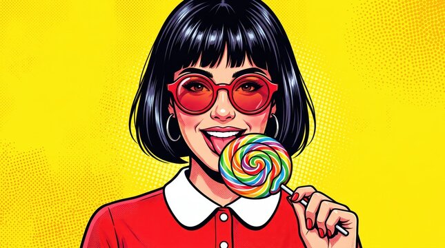 Young woman with bob haircut wearing red sunglasses licking colorful lollipop against yellow pop art background, playful retro portrait in studio setting