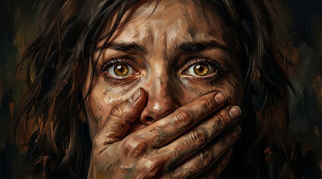Portrait of a traumatized woman with dirty face covering her mouth in fear
