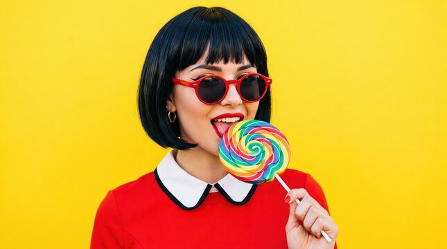 Woman in red dress holding colorful lollipop against yellow background, smiling and posing in studio portrait conveying playful bright summer fashion mood