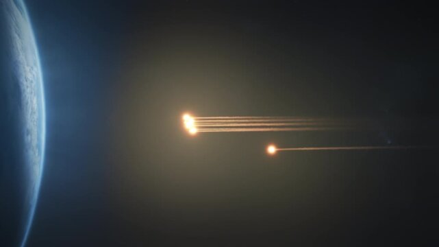 Objects zip toward our planet. Moving objects rapidly heading toward blue planet. Rapidly approaching objects with glowing trails are monitored for interception strategies