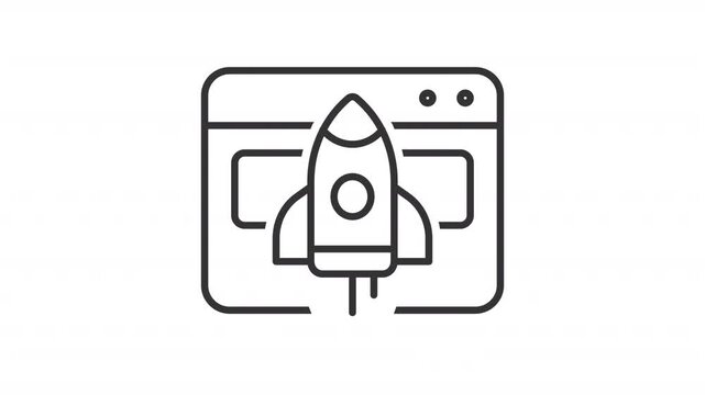Release outline animation. Starting rocket by device screen animated icon. Software development stage. Digital marketing. Continuous process. Flat line motion graphic loop on transparent white
