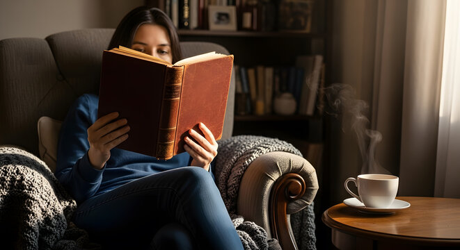 Young woman engrossed in reading an old book in a cozy living room at home.