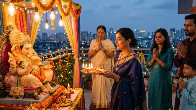 Ganesh Chaturthi Terrace Aarti &ndash; Indian Family Worshipping Ganesha at Blue Hour.