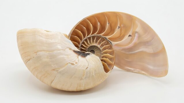 A cross section of a nautilus shell showing spiral geometry isolated on white background. Perfect for scientific, architectural, or organic design concepts.
