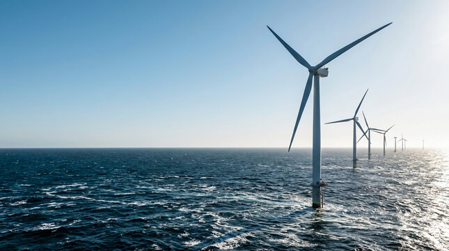 Offshore wind farm featuring massive turbines generating sustainable clean electricity from renewable ocean currents under a bright sunny sky during a calm peaceful summer morning landscape