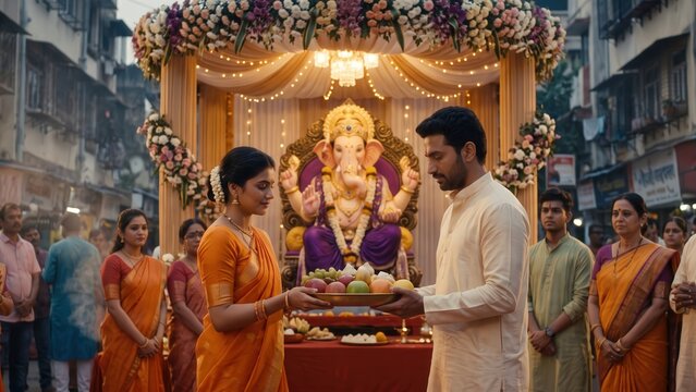 Ganesh Chaturthi Puja Offering &ndash; Indian Couple at Decorated Ganesh Pandal.