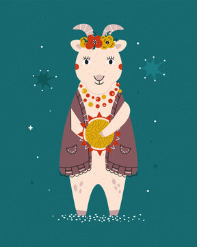 New Year greeting card with cute goat in ethnic outfit
